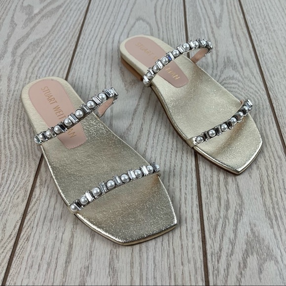 Stuart Weitzman Aleena Shine Pearl & Gem Embellished Flat Sandals 9 Platino $450 - Picture 1 of 11